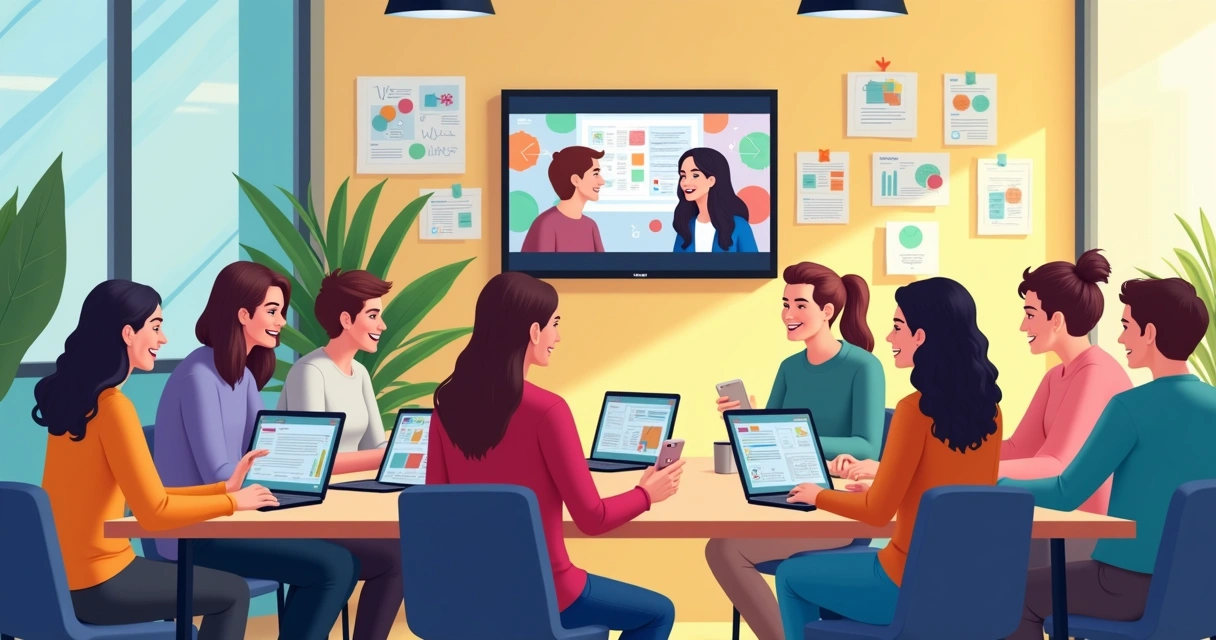 Jovens interagindo em debate digital pelo celular e notebook em ambiente descontraído.