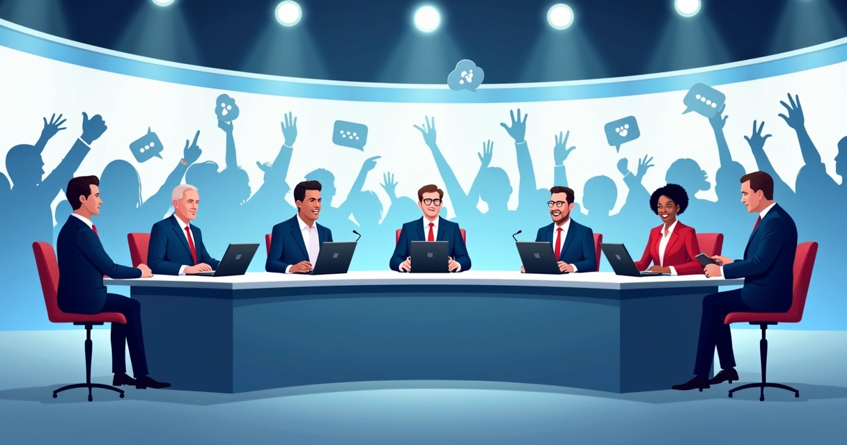 Painel de candidatos participando de debate digital ao vivo na frente de câmeras e microfones, com público virtual projetado em telas ao fundo.