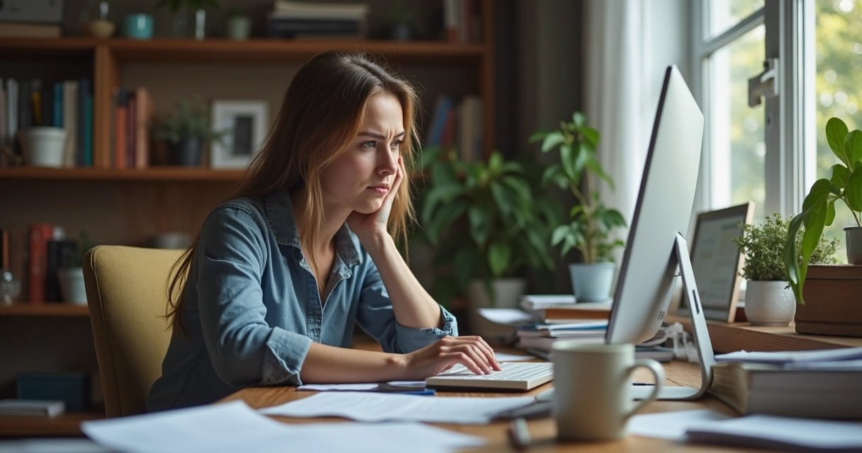 Pessoa sentada em frente a computador, expressando dúvida enquanto analisa textos 