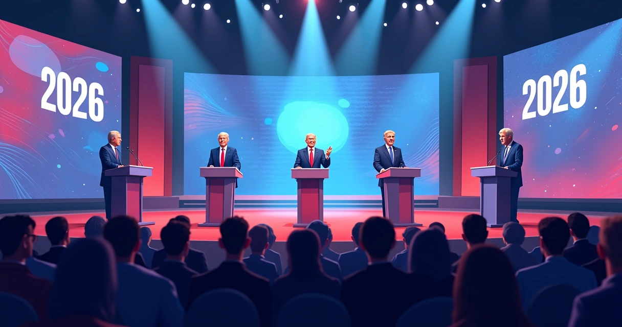Debate entre candidatos presidenciais no palco com plateia assistindo 