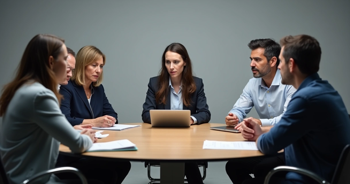 Grupo de pessoas debatendo de frente para uma mesa redonda com expressões sérias 
