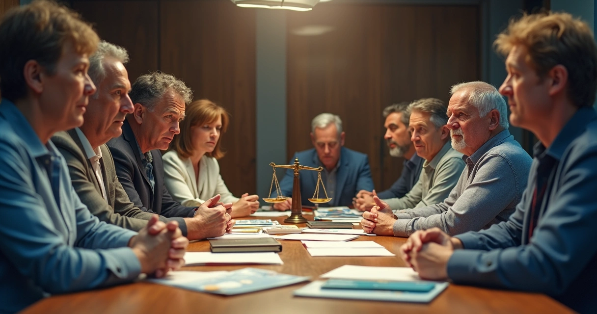 Personas discutiendo sobre leyes y emociones en una sala de reuniones 
