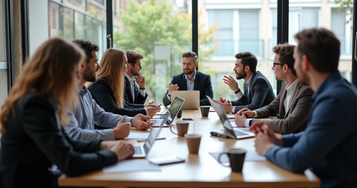 Grupo de gestores de pequenas empresas debatendo problemas do dia a dia em comunidade de negócios