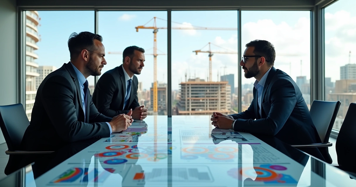 Engenheiros discutindo projeto de construção com tela digital mostrando gráficos e dados de IA 