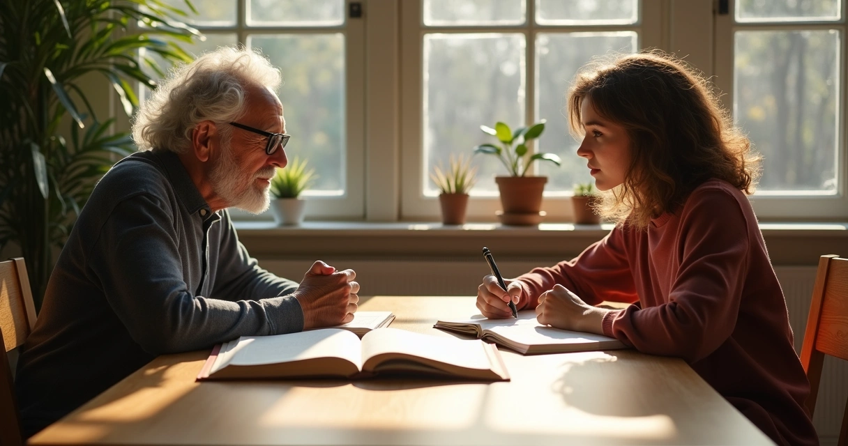 Filósofo e estudante debatendo livros em uma mesa de madeira clara. 