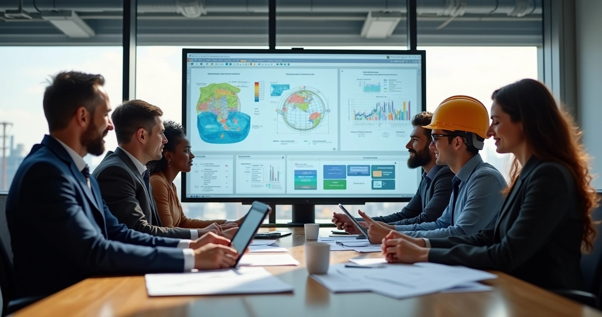 Equipe de obra reunida analisando dados digitais na tela 