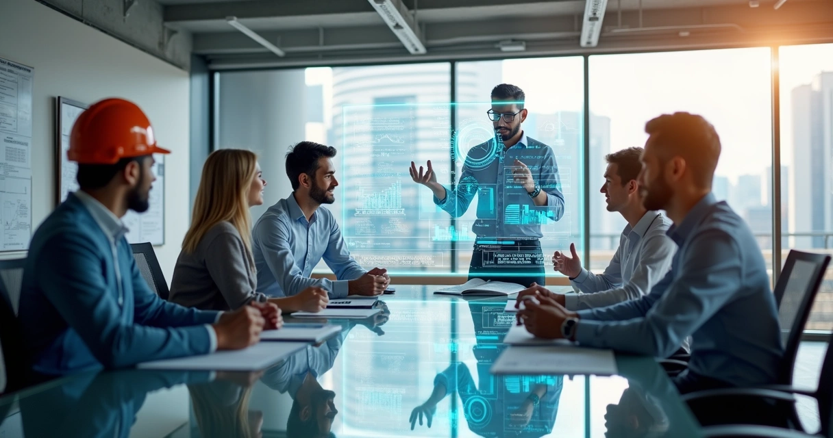 Equipe multidisciplinar em reunião digital debatendo planejamento, orçamento e qualidade da construção com interface de inteligência artificial na tela 