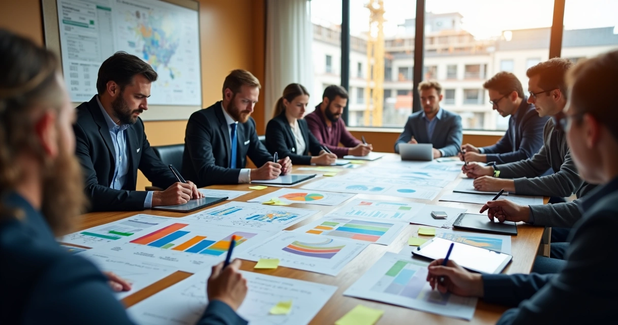 Engenheiros e especialistas reunidos em uma mesa avaliando relatórios e gráficos de construção 