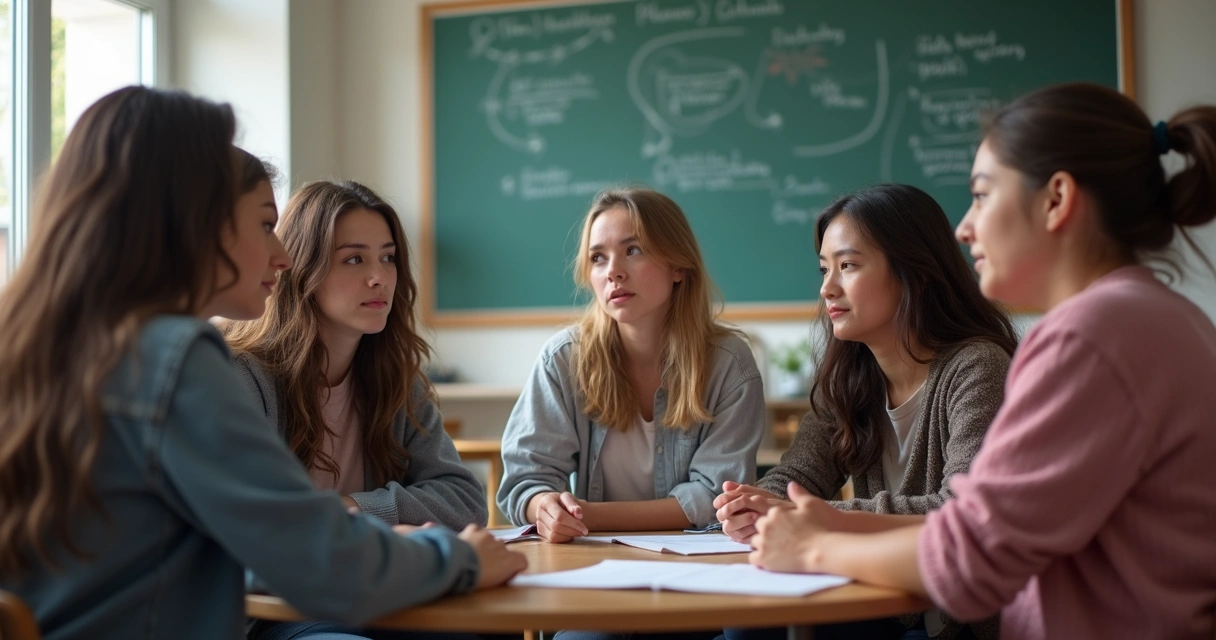 Grupo de estudantes em círculo, debatendo, com quadro ao fundo e clima de colaboração 
