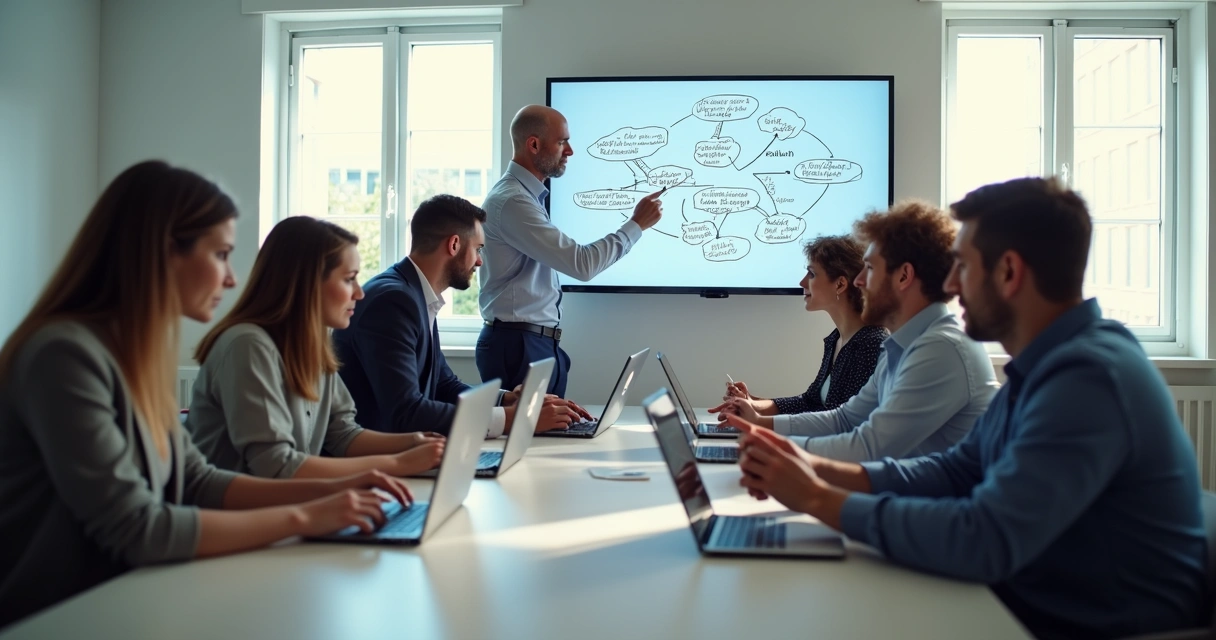 Grupo discutindo ética digital ao redor de uma mesa com tablets e notebooks 