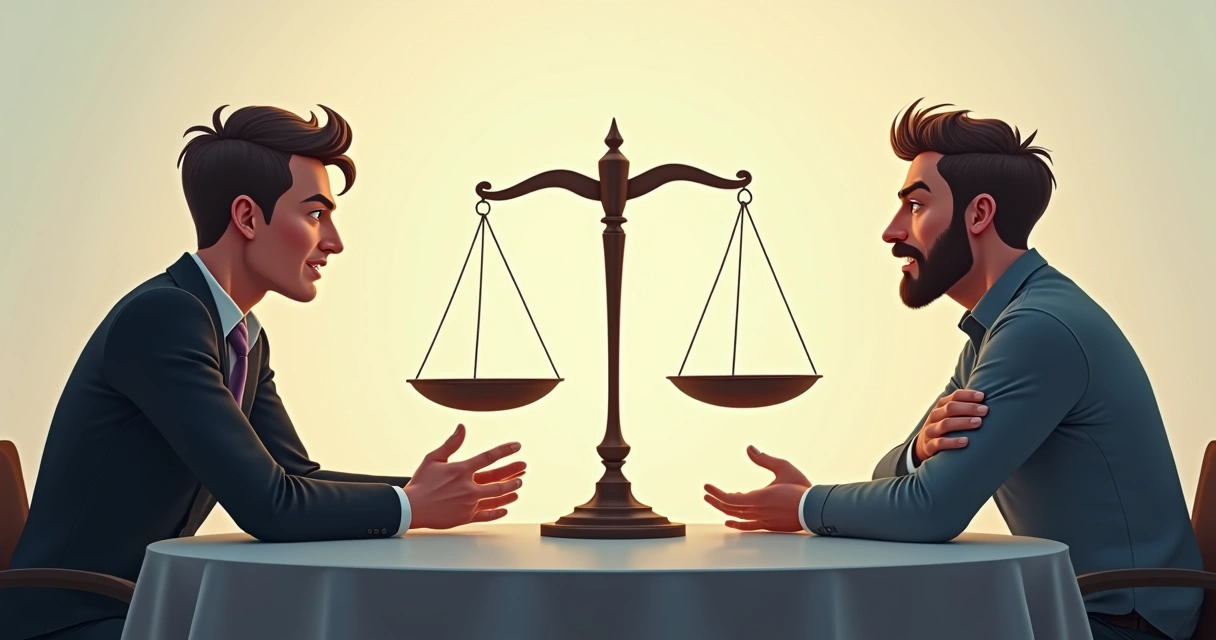 Duas pessoas discutindo diferentes pontos de vista em mesa redonda 