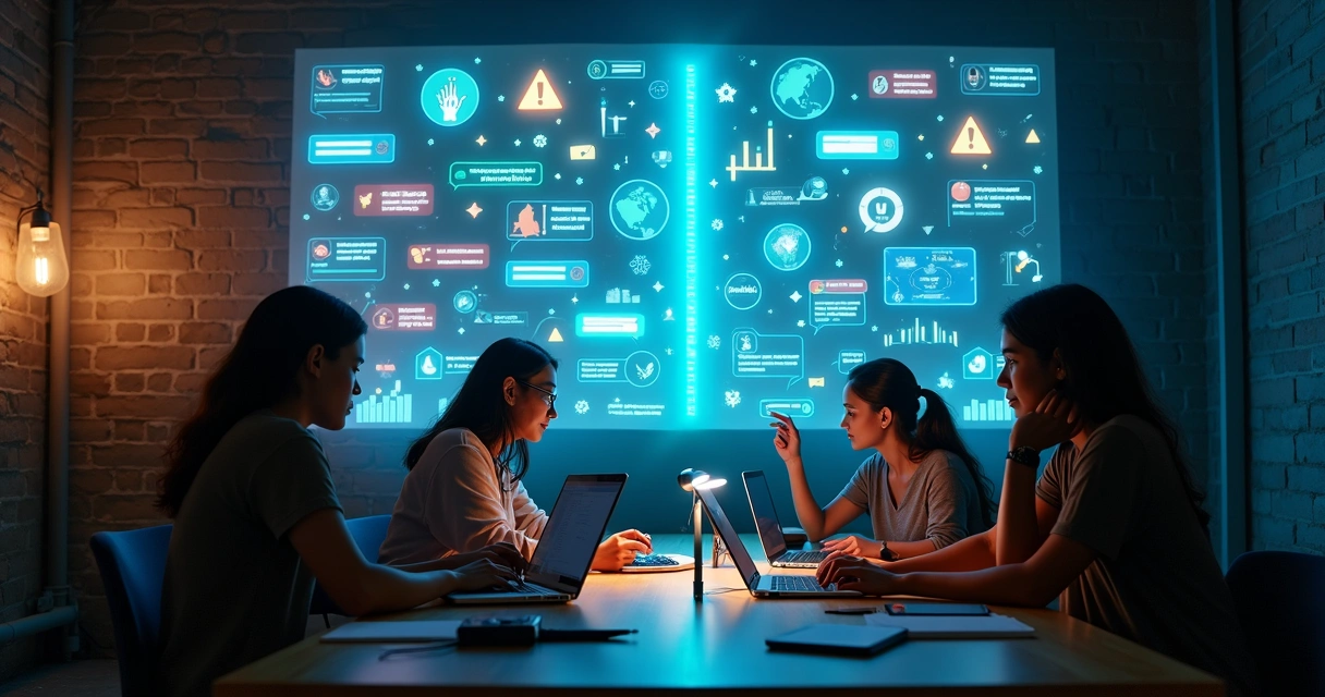 Militantes digitais frente a mural de projeções com símbolos de indignação e construção coletiva 