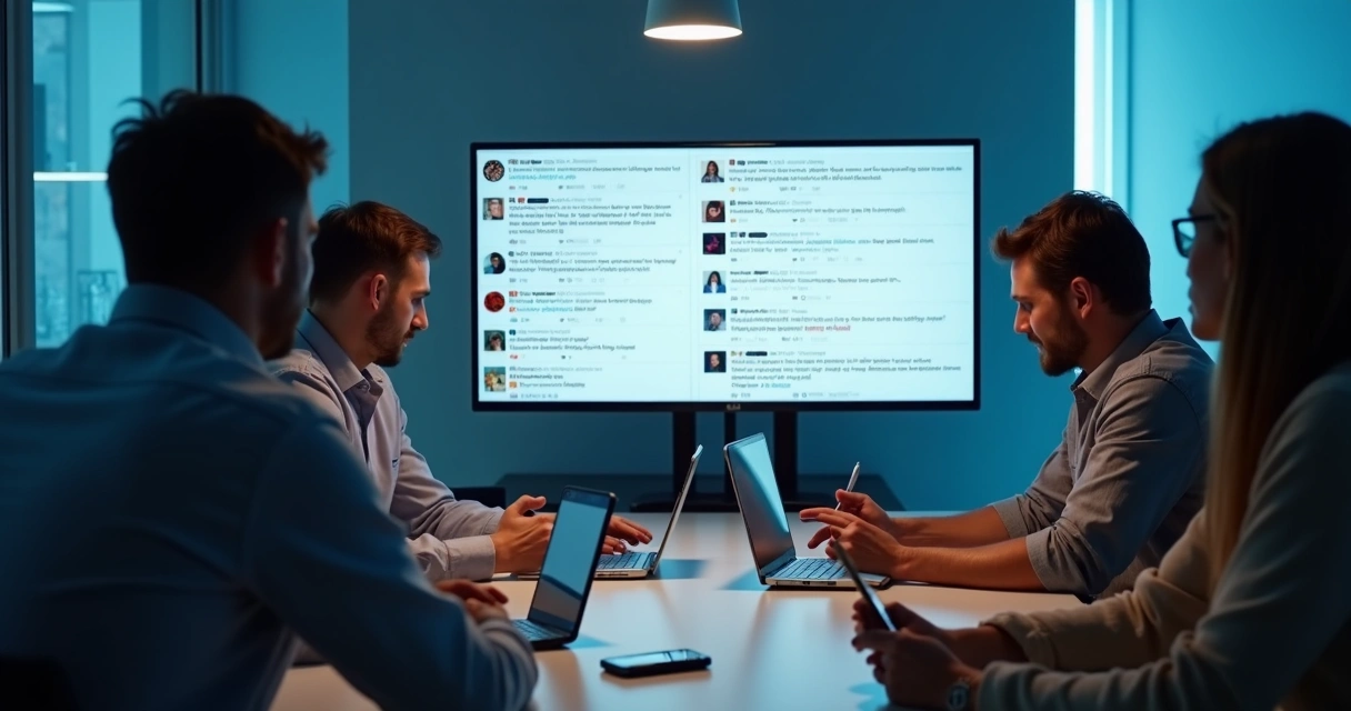 Grupo observando debate tenso em telas e celulares