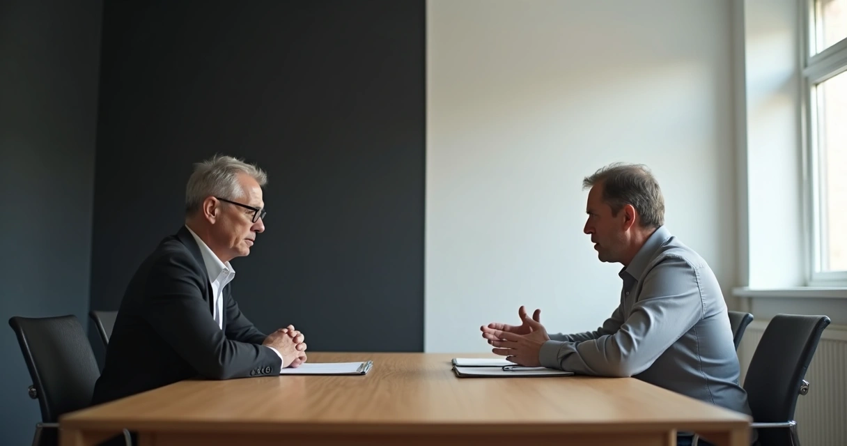 Dos personas dialogan frente a un muro dividido en blanco y negro