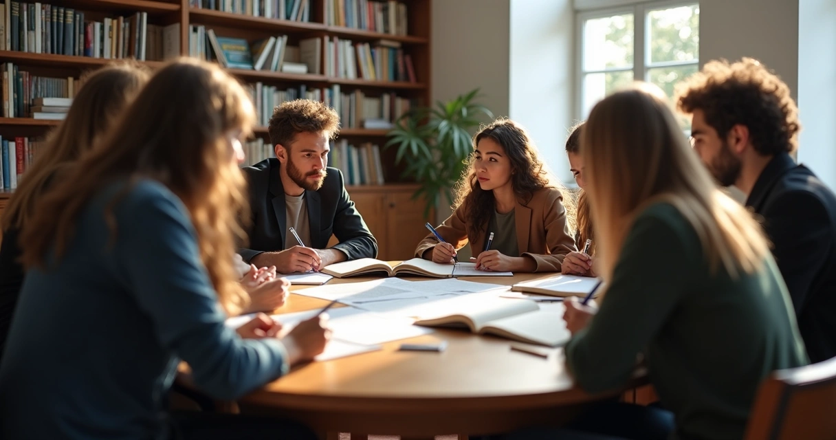 Grupo de estudantes debatendo ideias filosóficas em sala de aula, todos atentos, expressões neutras 