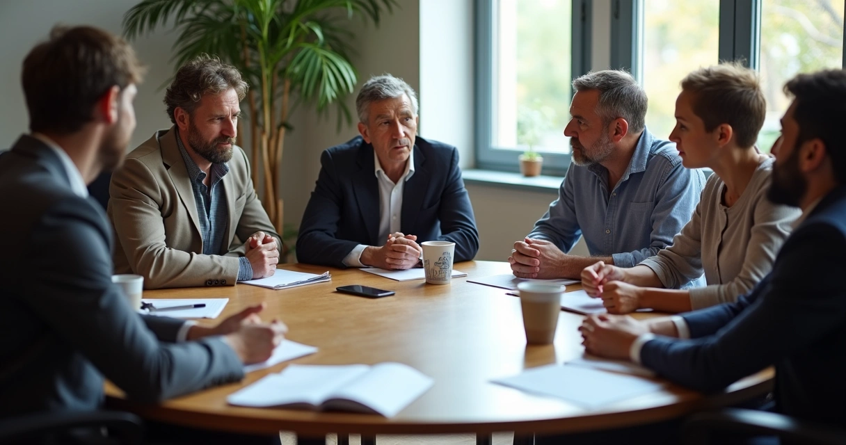 Grupo conversando y compartiendo argumentos opuestos en una mesa redonda 