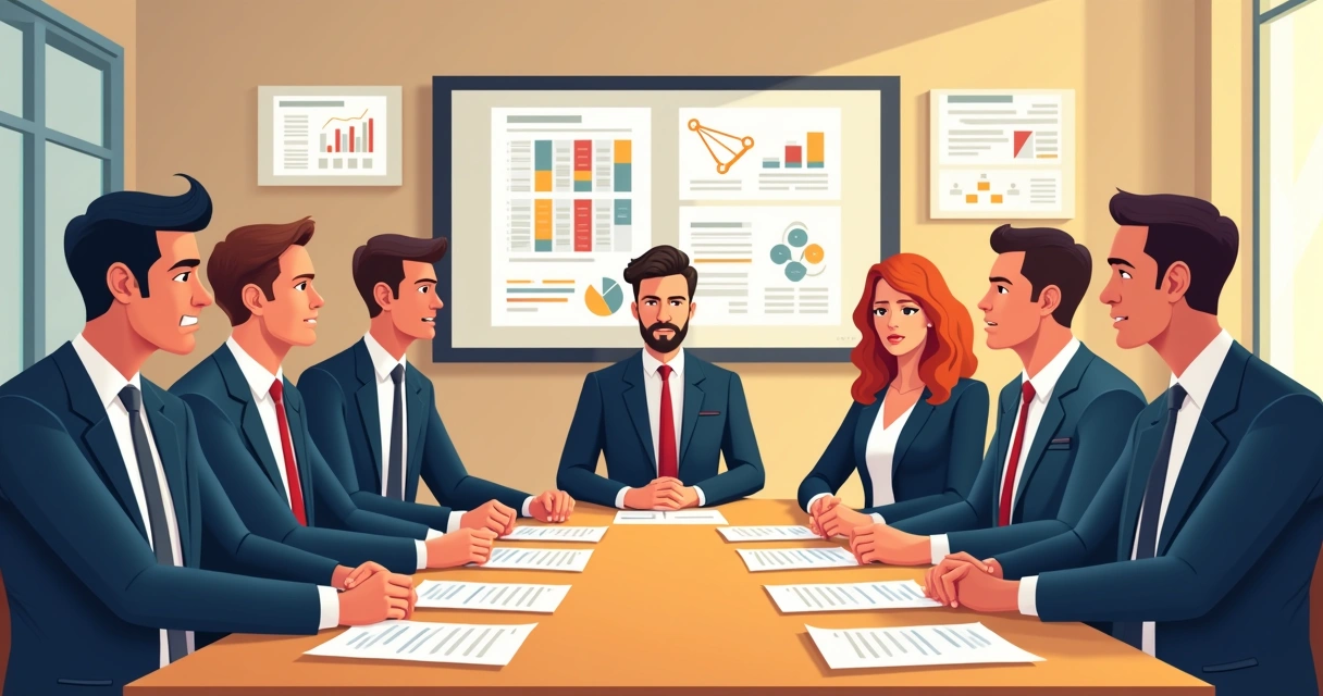 Hotéis e representantes de associações sentados em mesa de reunião, discutindo cláusulas de contratos online 