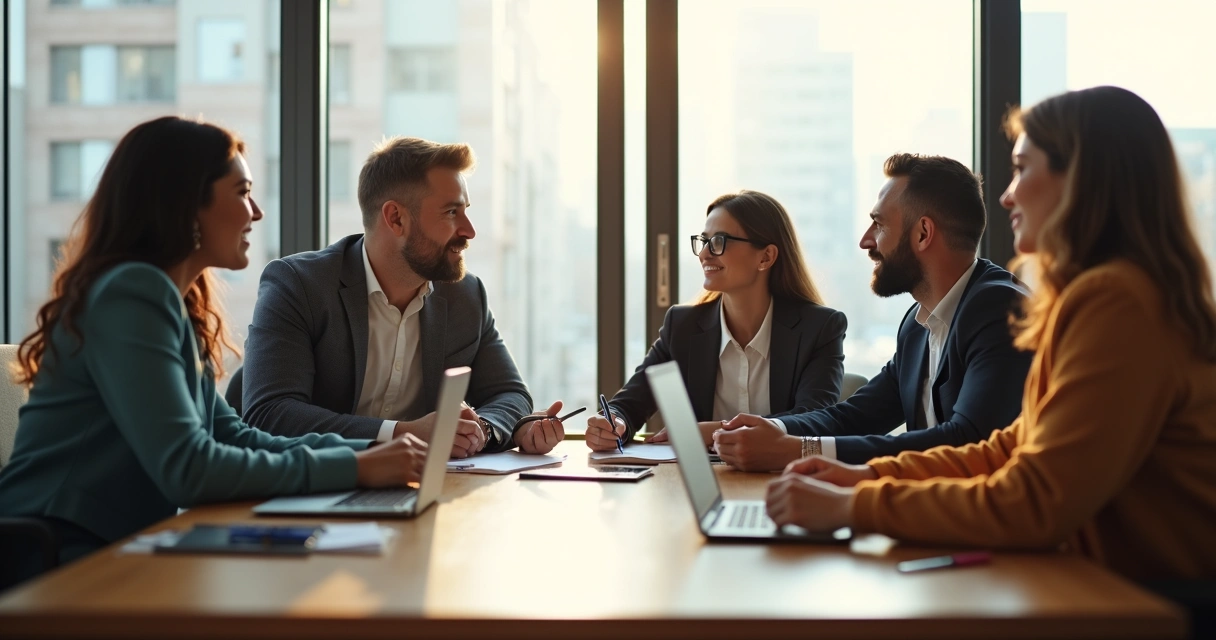 Profissionais de diferentes culturas conversando em uma sala de reunião moderna. 