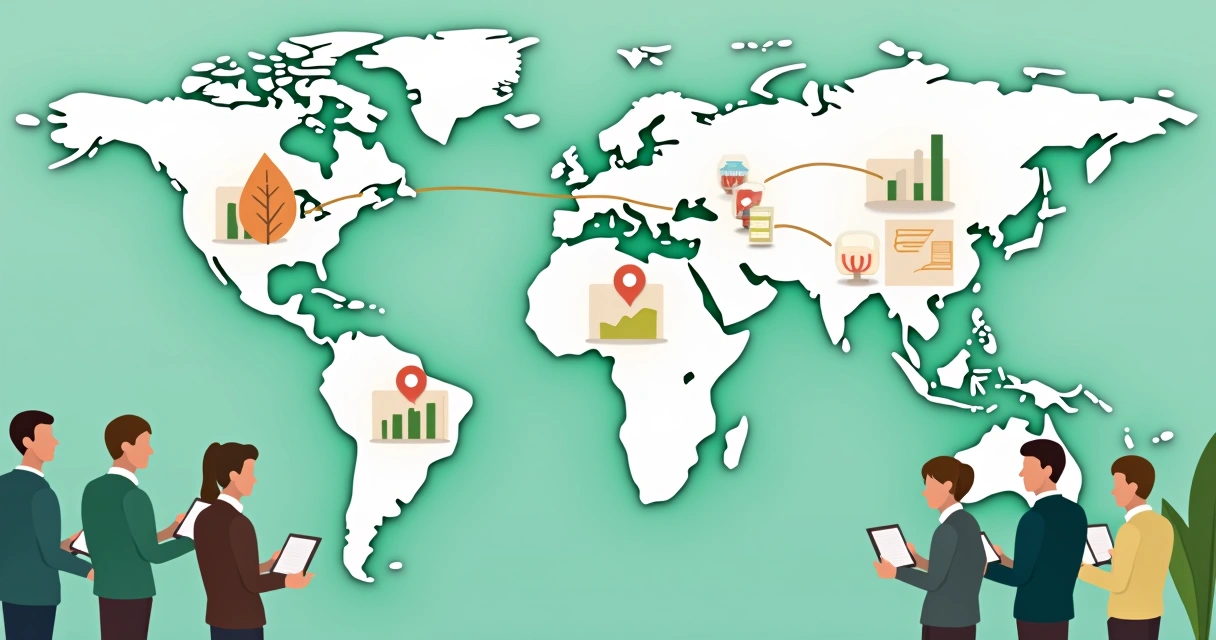 Mapa-múndi com linhas conectando países e ícones ambientais relacionados à COP30, representando cooperação e análise internacional 