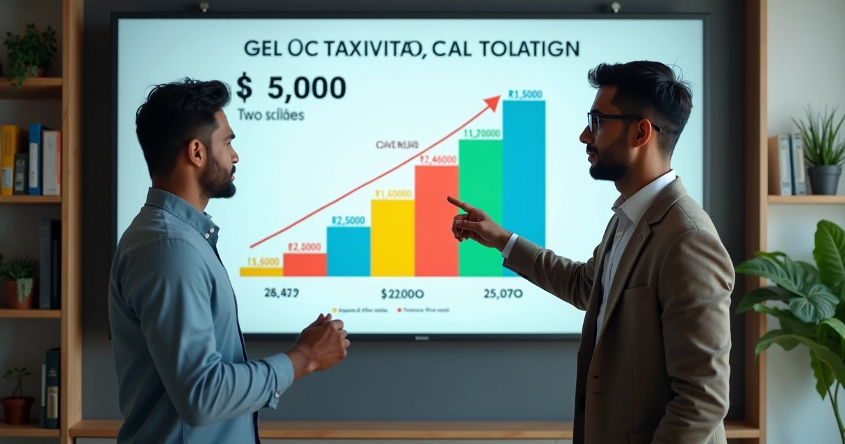 Duas pessoas em escritório discutem sobre justiça fiscal olhando um gráfico em tela 