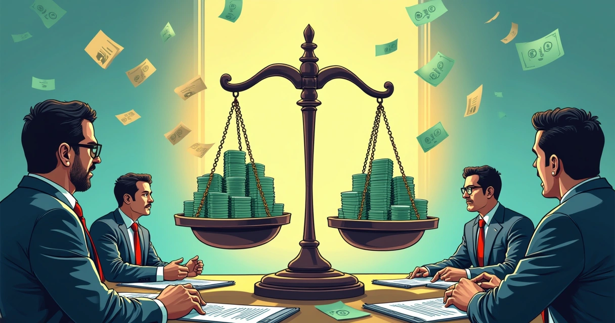 Ilustração de uma balança de justiça em meio a um debate sobre a Lei do Distrato Imobiliário