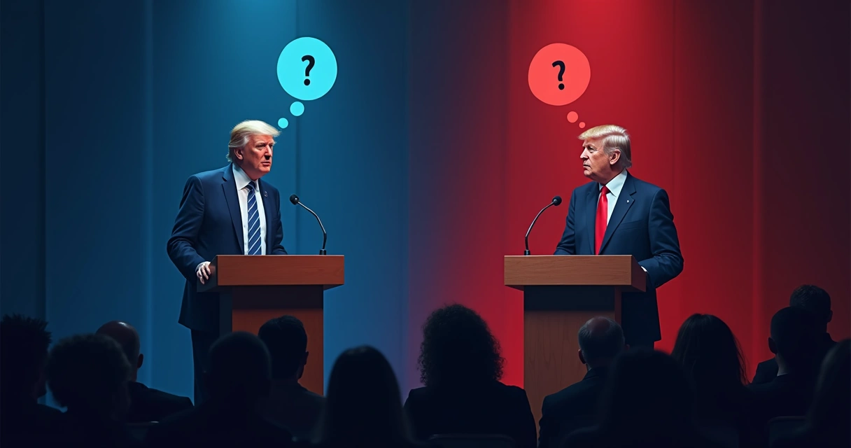 Duas pessoas debatendo em púlpitos iluminados com plateia assistindo