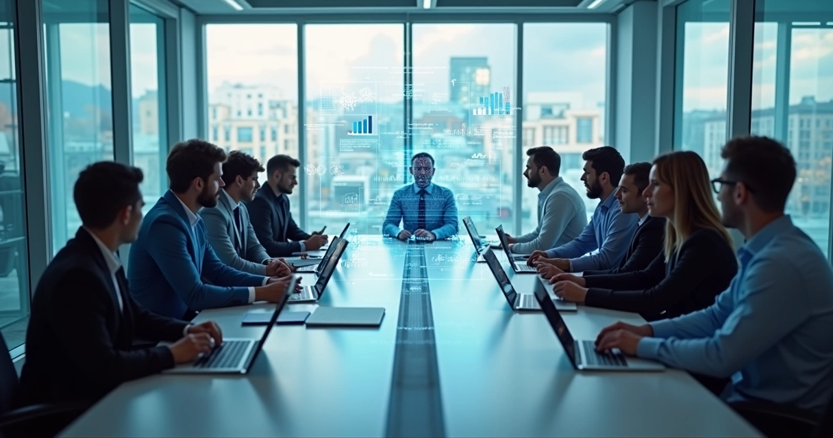 Sala de reunião com engenheiros e assistente IA debatendo decisão técnica 
