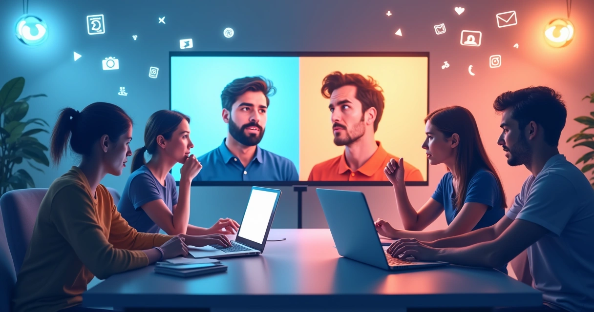 Pessoas discutindo em uma tela dividida em uma videoconferência 