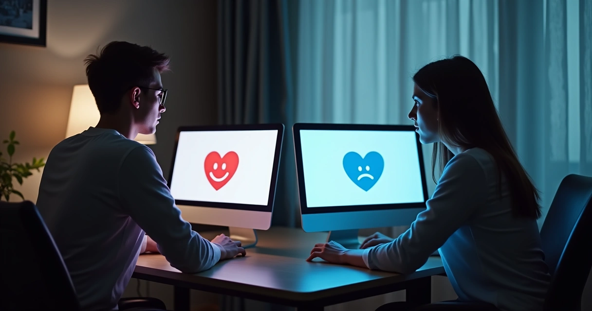 Duas pessoas discutindo diante de telas de computador com símbolos de raiva e empatia 