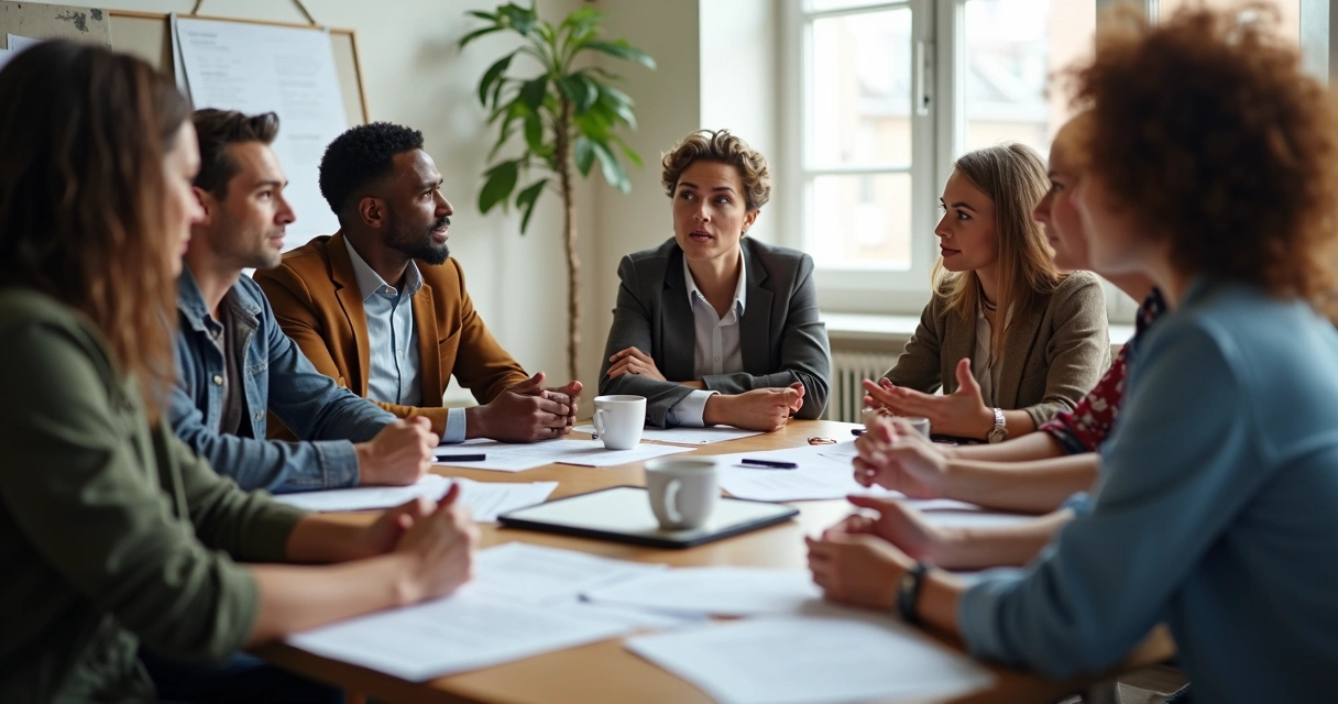 Pessoas de diferentes perfis sentadas à mesa debatendo sobre temas sociais e políticos 