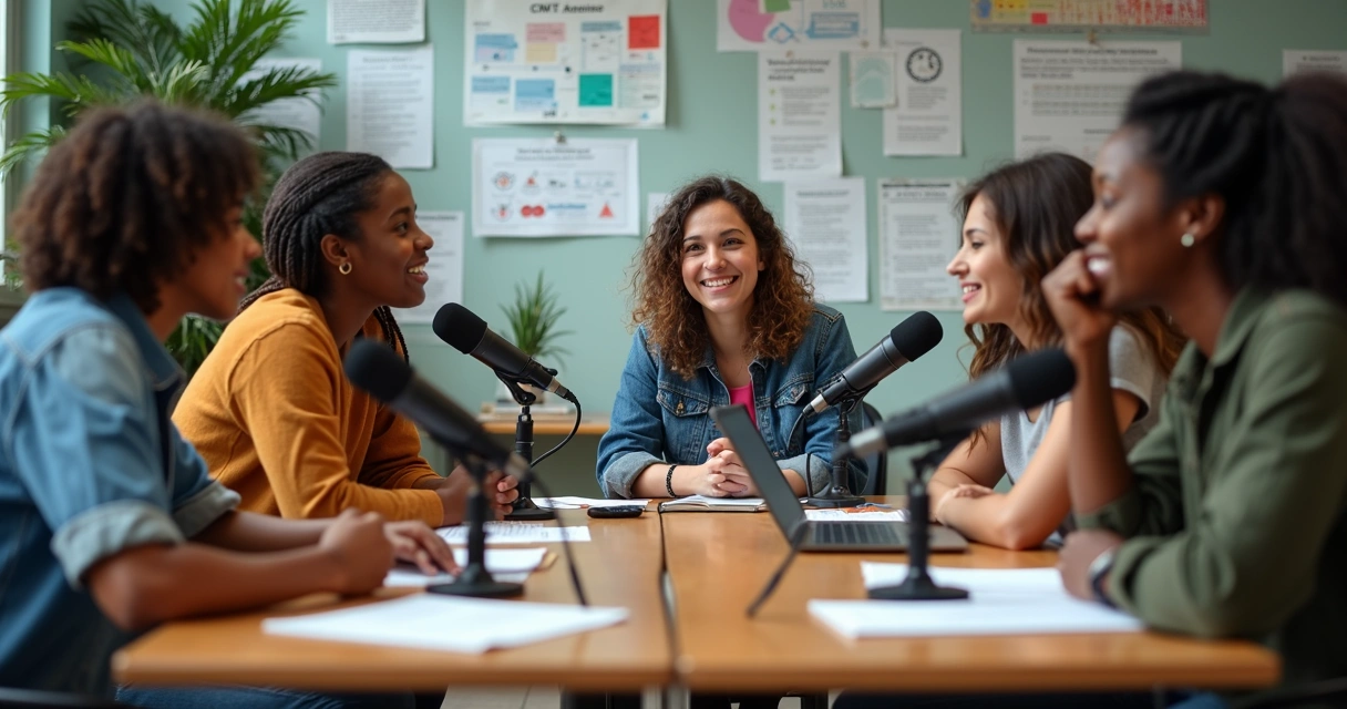Estudantes debatendo tema em gravação de podcast