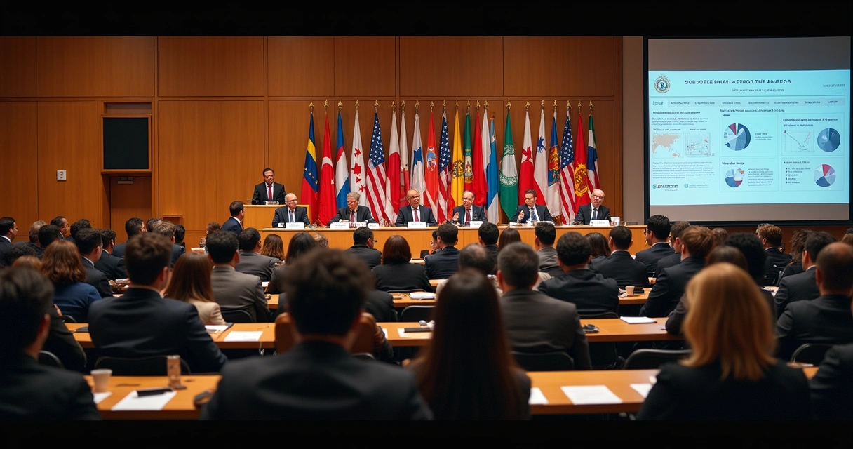 Auditório com pessoas em debate e painelistas discutindo temas das Américas 