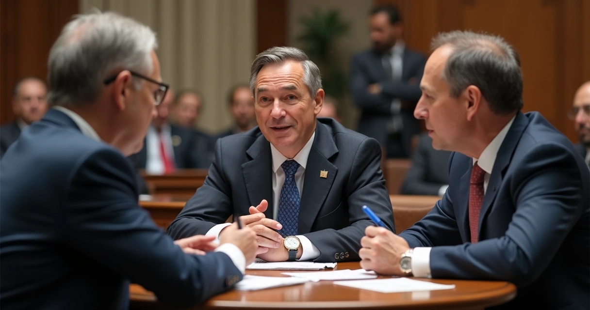 Três pessoas em mesa redonda política, conversando e ouvindo, vista lateral da discussão