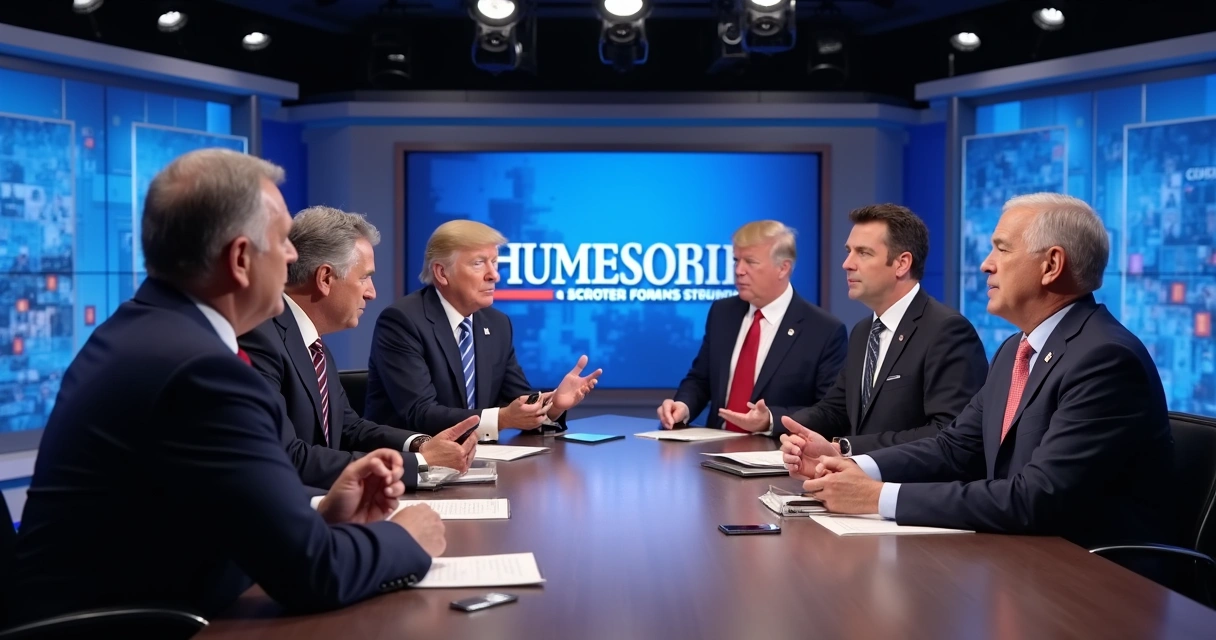 Escena de debate político con personas discutiendo opiniones en un estudio