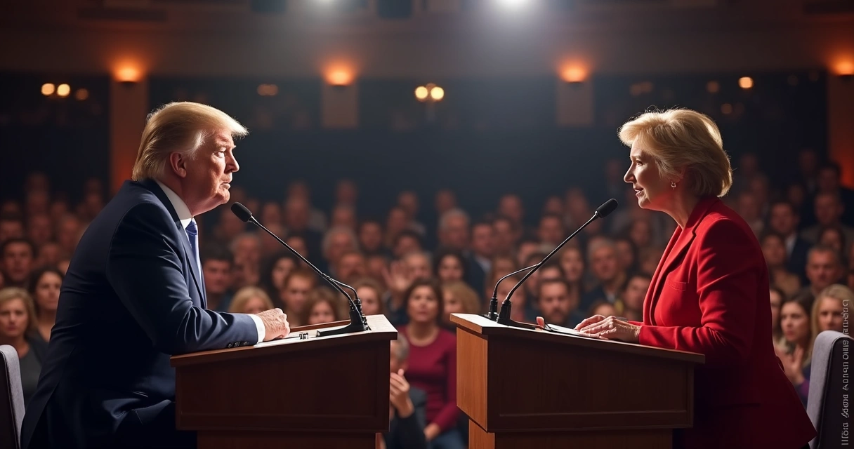 Duas pessoas debatendo em um palco com expressões intensas