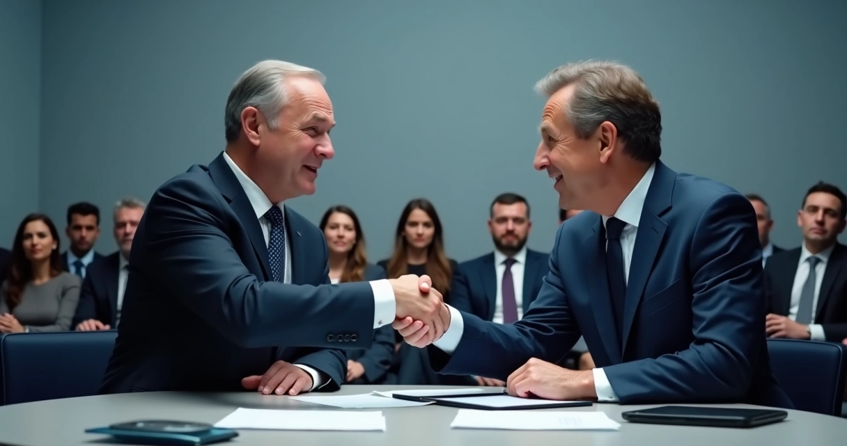 Dois políticos dialogando respeitosamente em uma mesa redonda moderna 