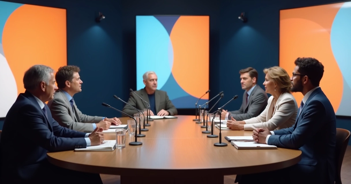 Mesa redonda de debate político com destaque para conexão e escuta entre participantes 