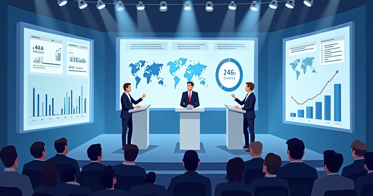 Políticos em debate público com telas mostrando estatísticas de IA 