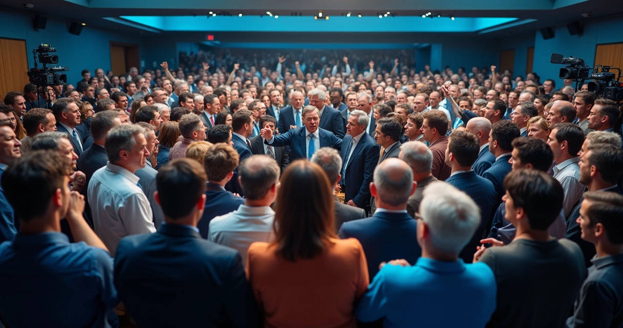 Políticos e cidadãos debatendo intensamente em conferência