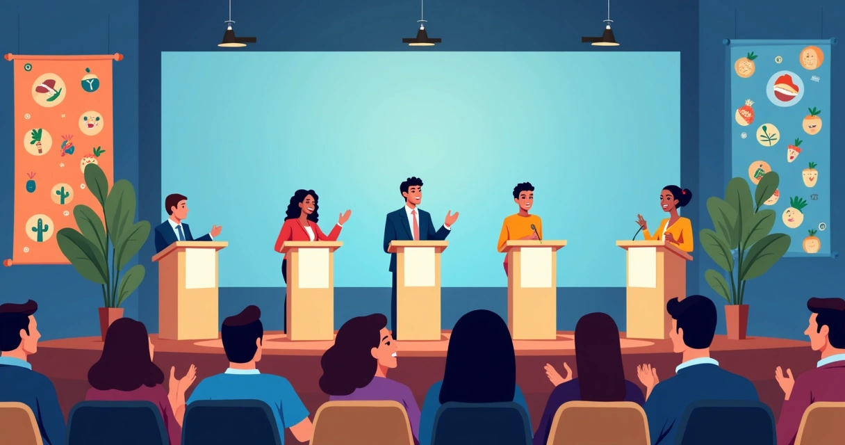 Painel de debate político com discussão sobre linguagem neutra 