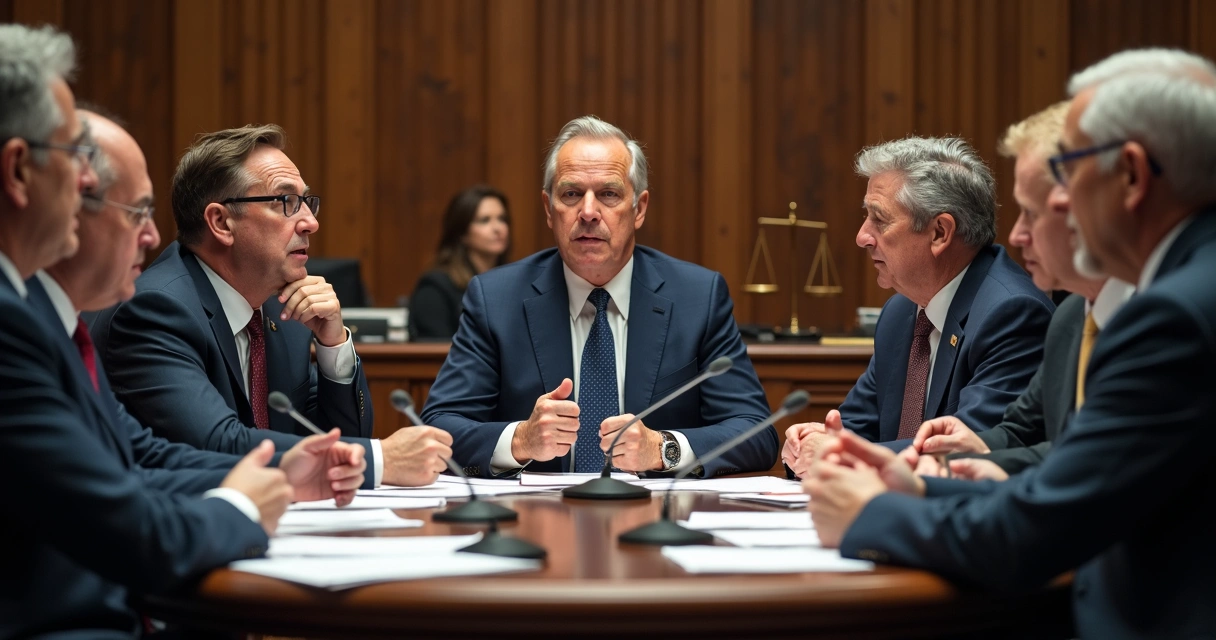 Políticos de diferentes idades e estilos debatendo em mesa redonda com papéis e microfones 