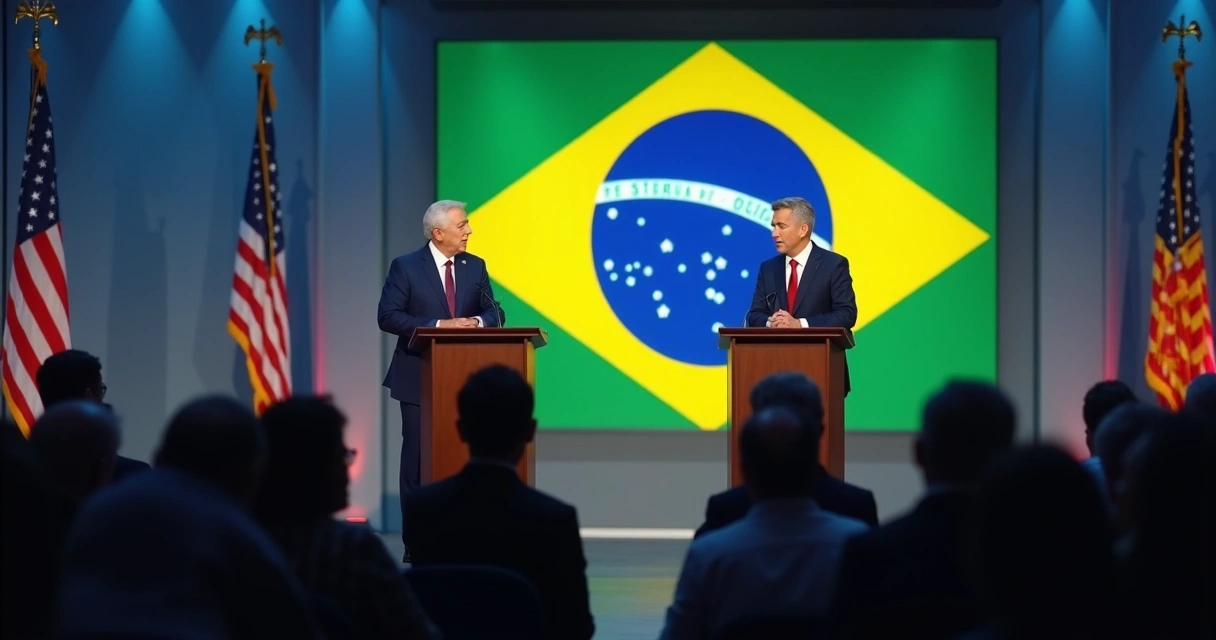 Dois candidatos em debate de campanha em púlpitos diante de plateia 