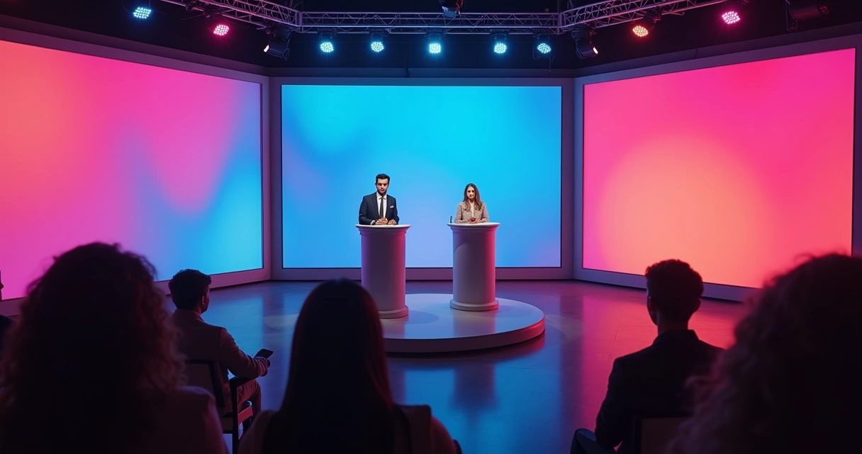 Cenário de debate político com celulares exibindo redes sociais 