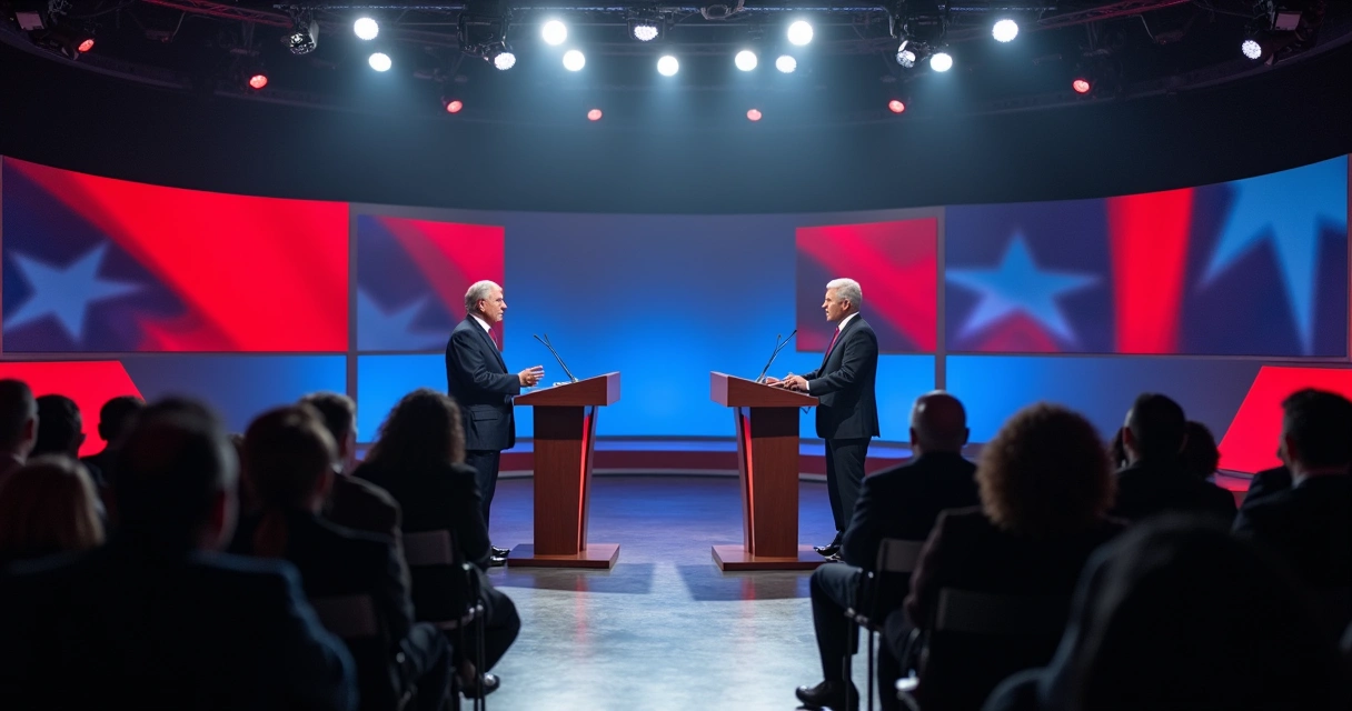 Debate político con pantallas, gestos tensos y público atento 