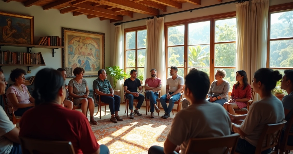 Grupo em debate sobre preconceito, pessoas de diferentes idades discutem em sala iluminada no Brasil