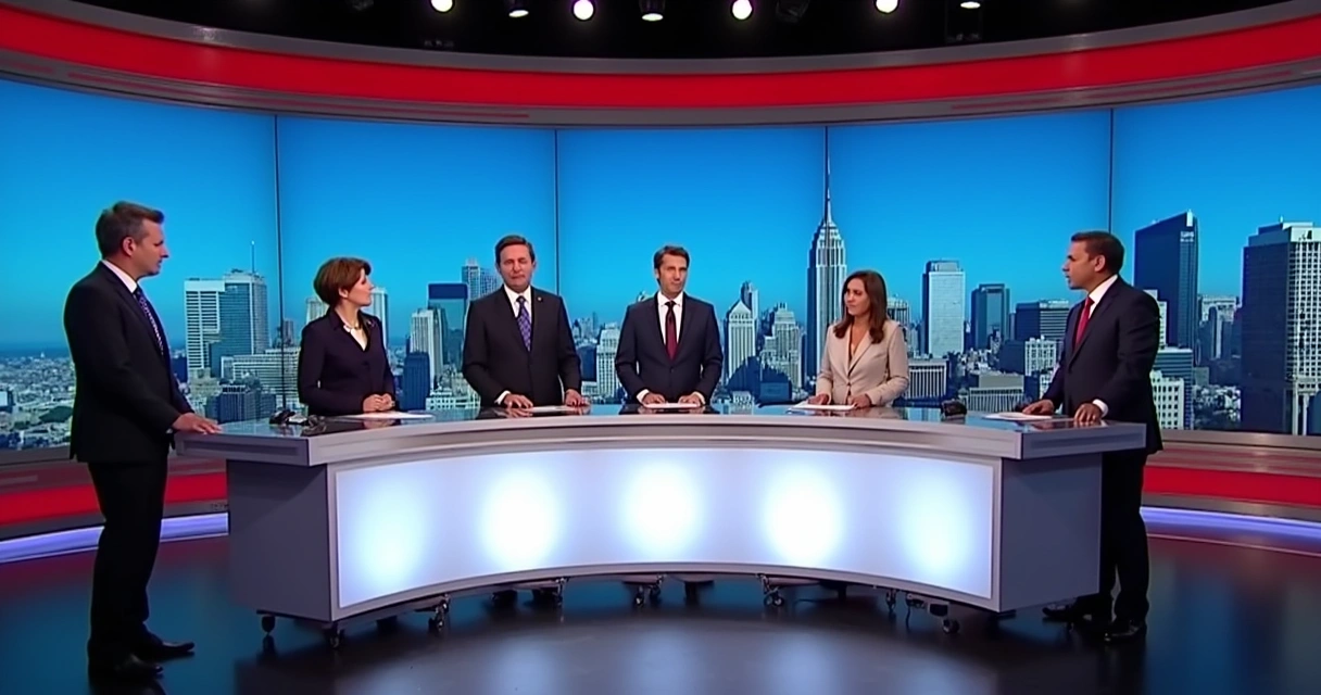 Candidatos a prefeito em debate numa bancada de TV local, apresentador ao centro 