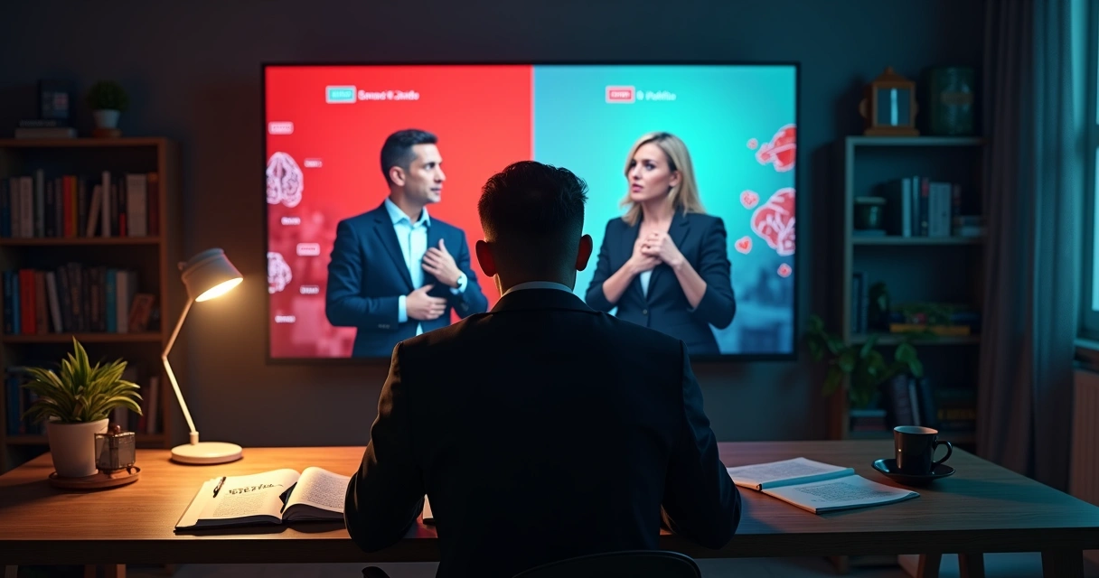 Pessoa observando debate público em tela dividida com expressões manipuladoras e confusas 