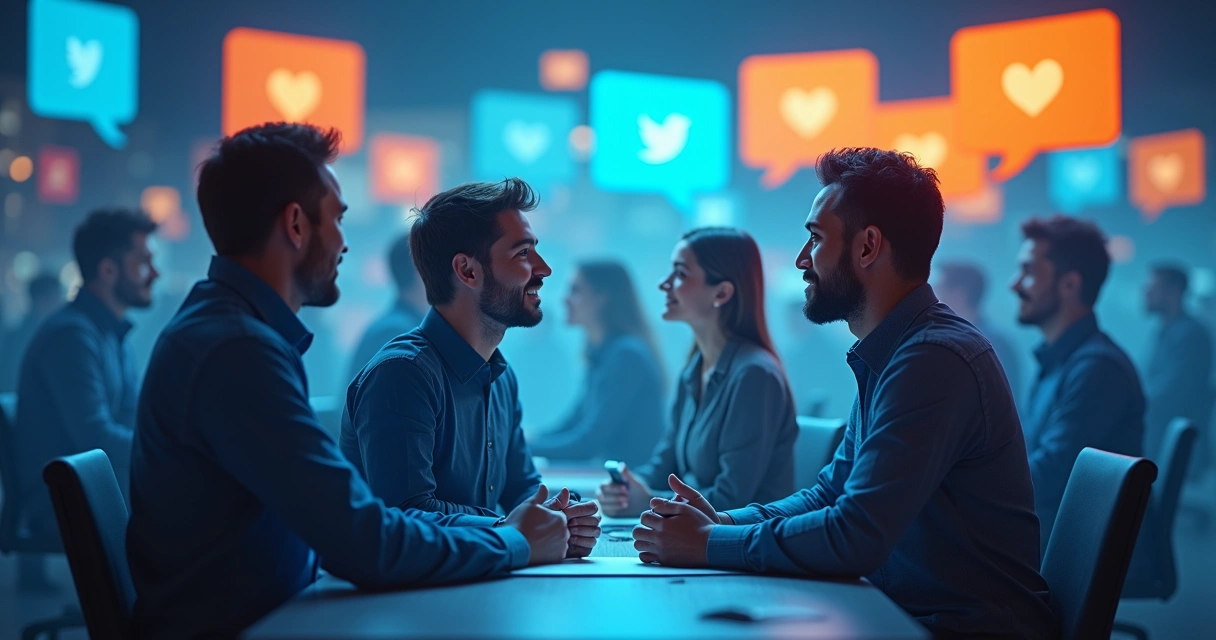 Perfil digital de várias pessoas debatendo em uma plataforma social com balões de fala 