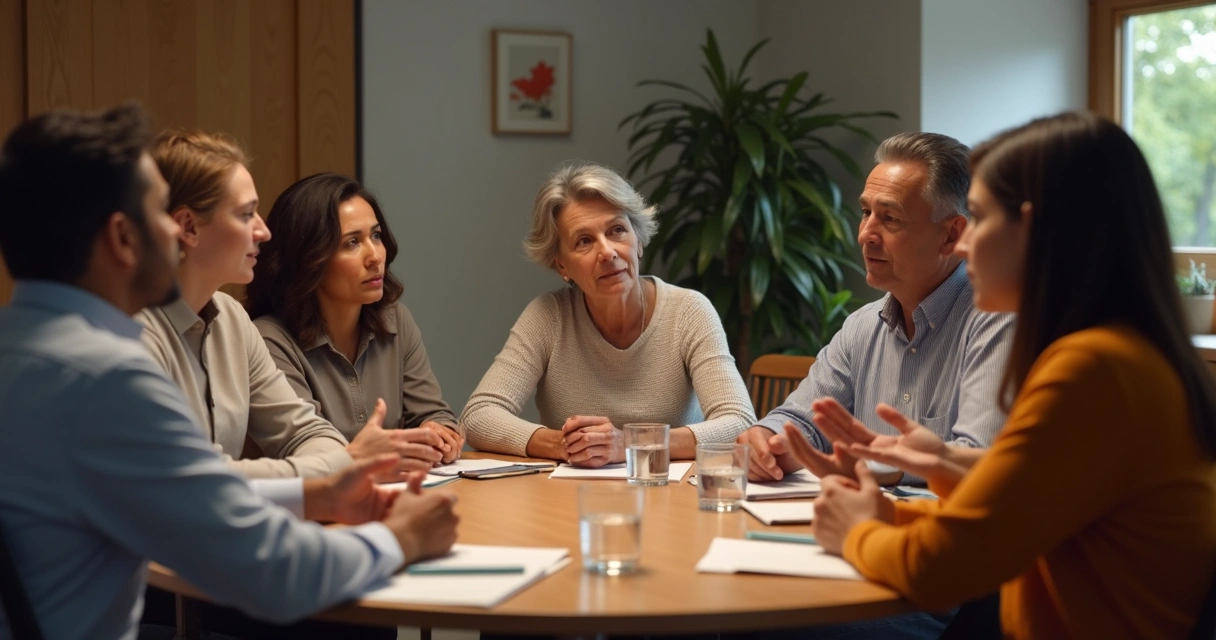 Pessoas de diferentes origens sentadas e debatendo respeitosamente em uma mesa redonda.