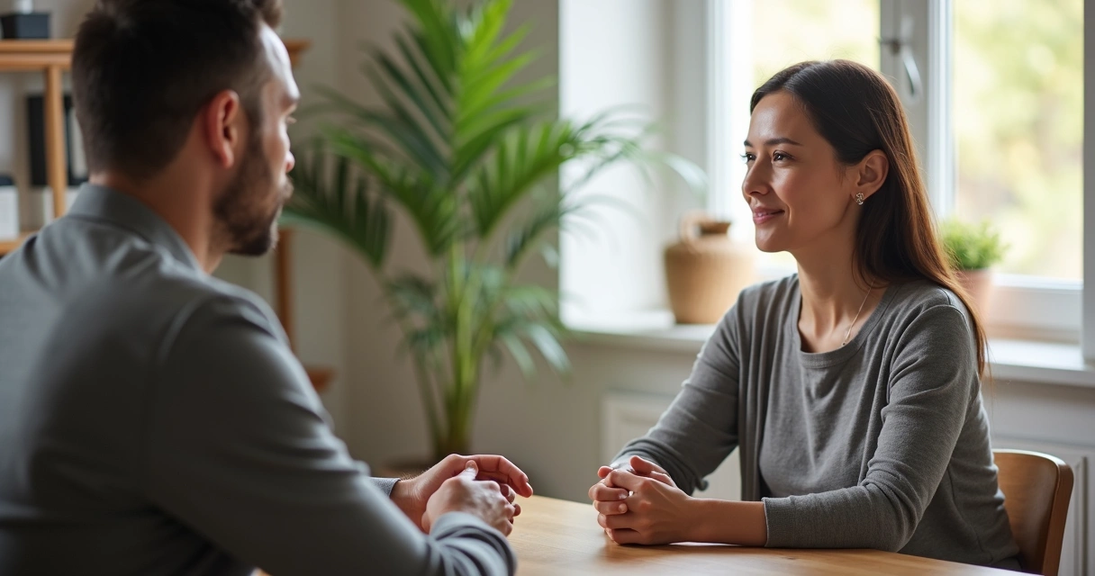 Duas pessoas sentadas frente a frente em uma mesa, discutindo com calma